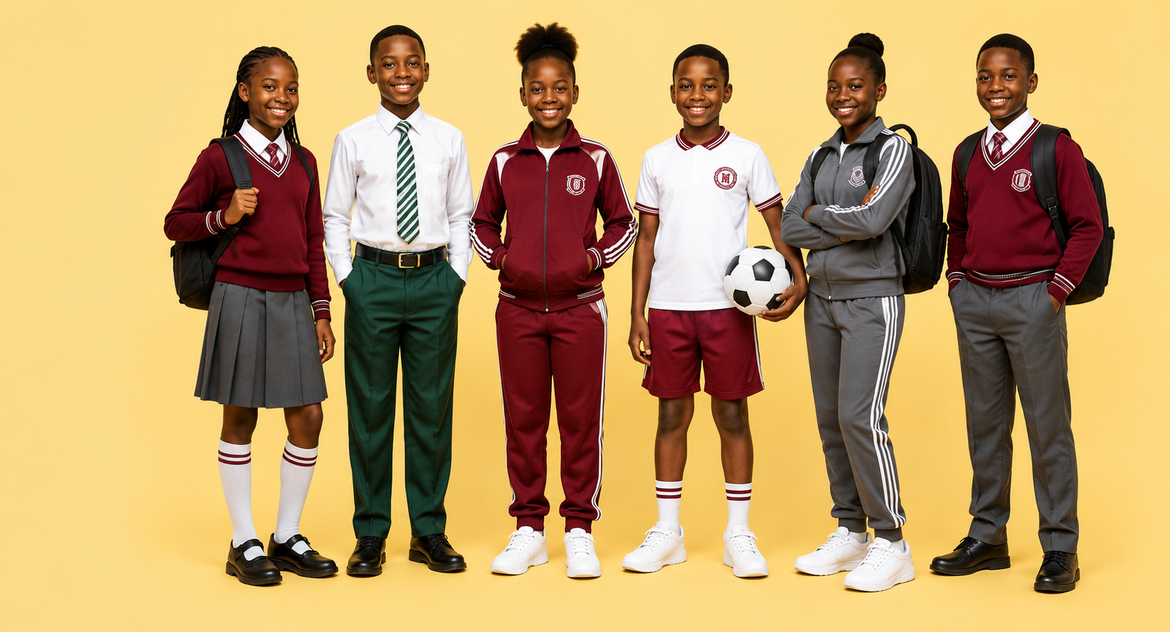 Students wearing a full set of school uniforms and term essentials
